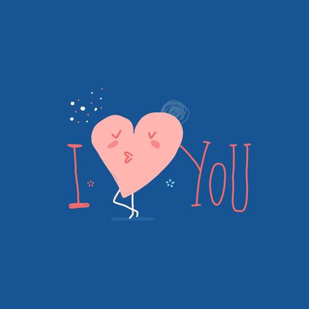 Love You greeting card with cute cartoon heart and particles. Minimal cute Valentine Day poster concept. Kissing character.のイラスト素材