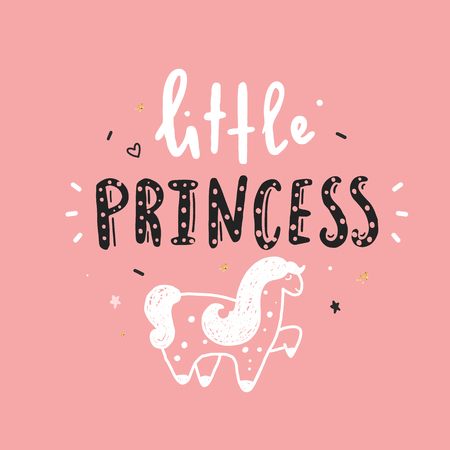 Elegant Little princess typography doodle poster. Decoration elements with unicorn, particles. Modern art.のイラスト素材