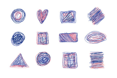 Colorful Scribble texture set. Pencil drawing with shapes of circle, star, heart. Chaotic sketch...