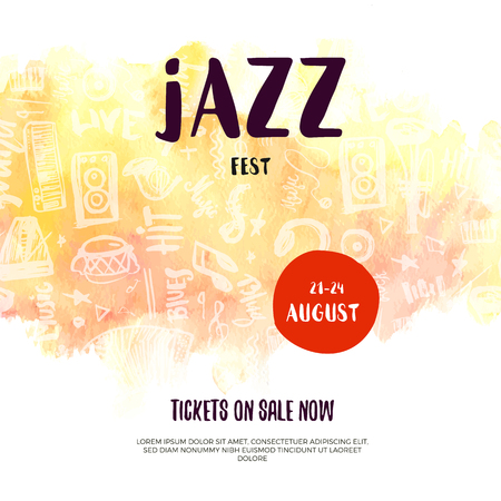 Vector print music poster with watercolor stain and doodle icons.のイラスト素材