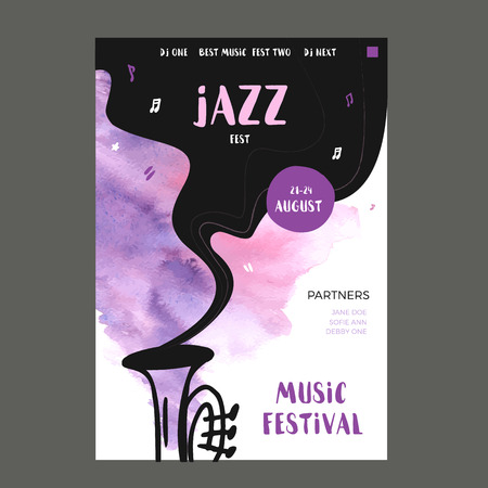 Vector print music poster with watercolor stain and doodle icons.のイラスト素材