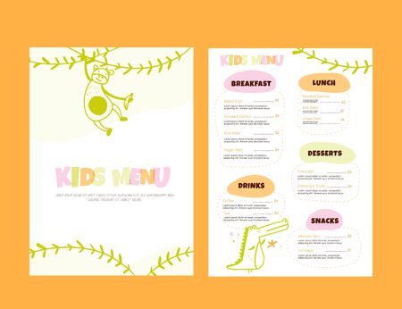 Kids Menu Doodle illustration with animals. Simple Food Vector background. Brochure layout template designのイラスト素材