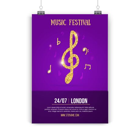 Music poster design with golden notes and waves on dark gradient. Abstract jazz flyer.のイラスト素材