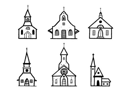 Sketch Church doodle buildings set . Hand drawn illustration, christian sign, catholic religion objectのイラスト素材