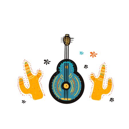 Doodle mexican guitar with cactuses. Skecth instrument design, abstract decorationのイラスト素材
