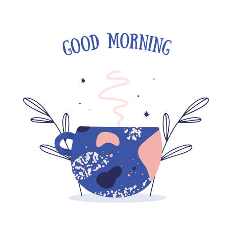 Modern Breakfast Poster with coffee mug. Good morning greeting Vector illustrationのイラスト素材