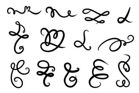 Set of hand drawn Swirls, lettering and calligraphy decoration, squiggles. Vector ink swirl and freeform swoopのイラスト素材