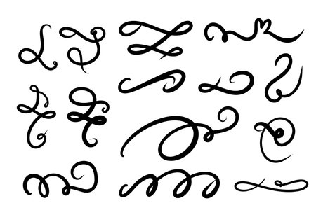 Set of hand drawn Swirls, lettering and calligraphy decoration, squiggles. Vector ink swirl and freeform swoopのイラスト素材