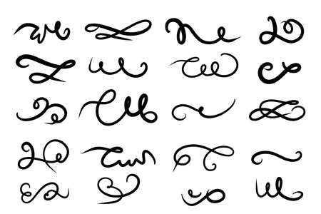 Set of hand drawn Swirls, lettering and calligraphy decoration, squiggles. Vector ink swirl and freeform swoopのイラスト素材