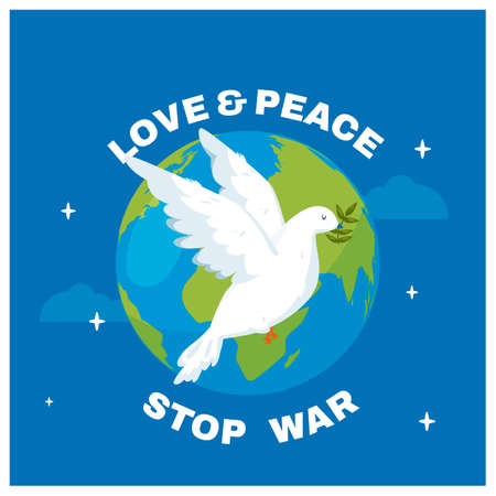Love and Peace poster card with flying dove and olive branch. Save Earth concept, friendship posterのイラスト素材
