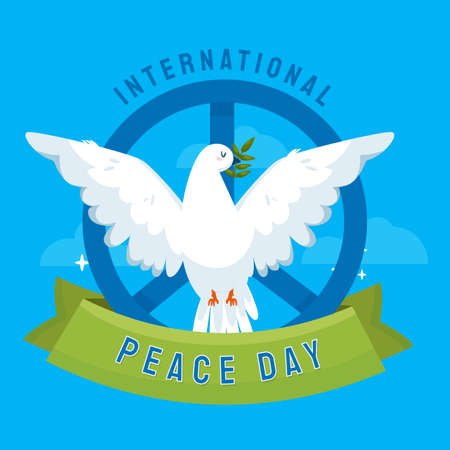 Peace card with dove holding olive branch in the sky, modern flat designのイラスト素材