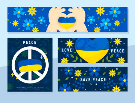 Save Ukraine banners set, love and peace concept with flowers and heartのイラスト素材