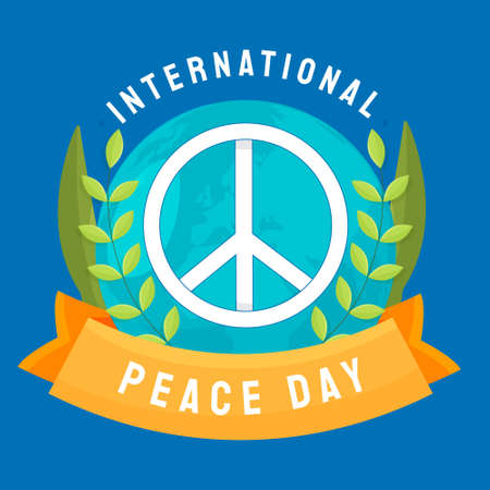 International Peace Day poster card with Earth and olive branch. Flat simple friendship conceptのイラスト素材
