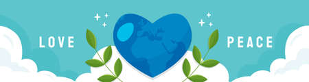 Love and Peace horizontal banner with Earth and clouds on blue background, modern flat designのイラスト素材