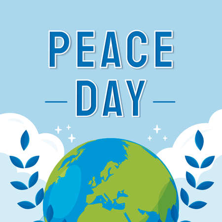 Peace Day design card, Earth planet with clouds and floralsのイラスト素材