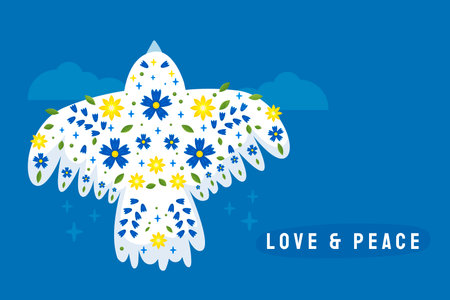 Peace card with bird in the sky and flowers, freedom concept with pigeonのイラスト素材