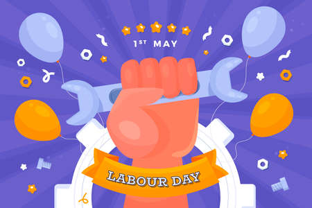 Labor Day hand holding screwdriver, worker celebration with balloonsのイラスト素材