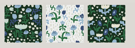 Scandinavian abstract seamless patterns set, floral childish nordic print, cute spring wallpaper, naive motifのイラスト素材