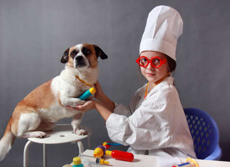 Girl playing veterinarian with dogの写真素材