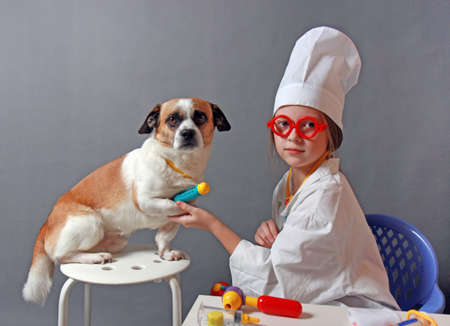 Girl playing veterinarian with dogの写真素材