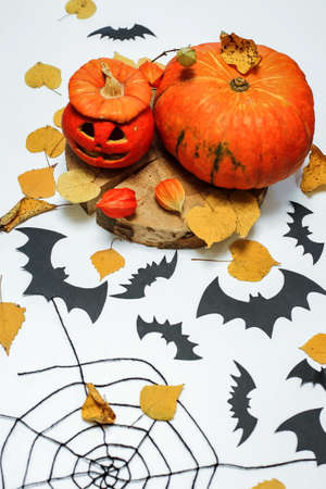 Halloween decor elements. Halloween pumpkins with candles, cobwebs, bats on a purple background. The layout of the poster for Halloweenの写真素材