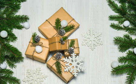Christmas flat lay, fir branches and decorations on a white background, decorative Christmas...