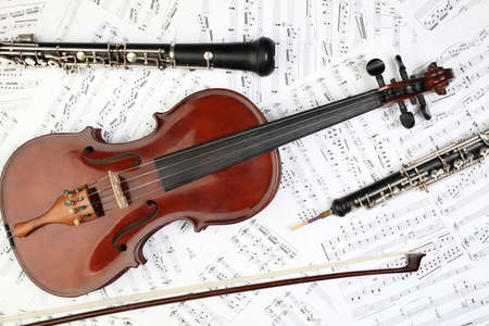 Classical musical instruments notes. Violin oboe clarinet music instrument of symphony orchestra.