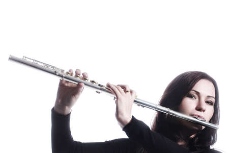 Flute music instrument isolated on white flutist handsの写真素材