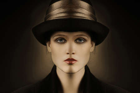 Retro woman in hat vintage portraitの写真素材