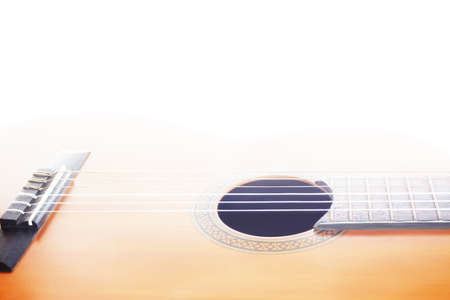 Acoustic guitar strings. Classical guitar close up. Spanish music instrument closeup