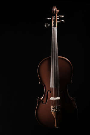 Violin musical instrument of orchestra. Classical music instruments. Violin isolated on black backgroundの写真素材