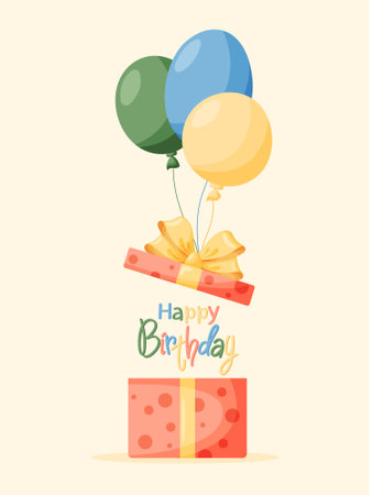 Open gift box with surprise and balloons. Lettering Happy Birthday. Design template for surprise, festive event, gifts, birthday.のイラスト素材