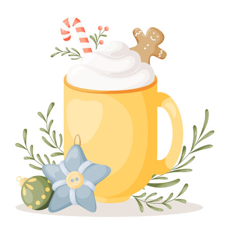 Christmas and Happy New Year cup. Cute cup with hot beverages, candy cane, gingerbread man, whipped cream, cookies. Illustration for greeting cards design, posters, stickers, menu.のイラスト素材