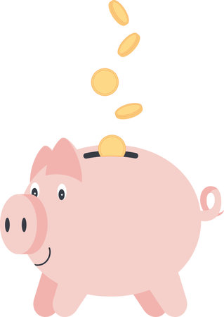 Coins are pouring into the piggy bank. Concept of financial operation with money. Hand drawn flat vector illustration.のイラスト素材
