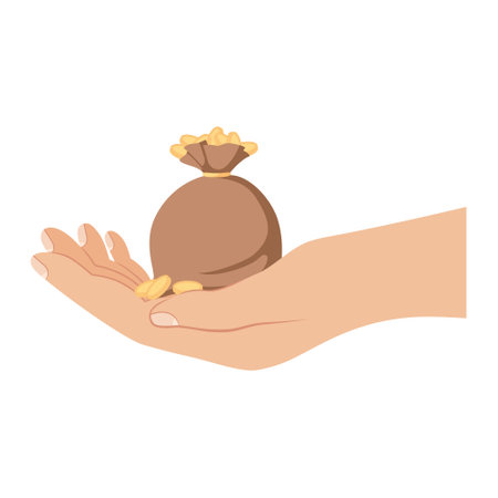 Hand holding a sack of coins. Hand drawn vector illustration.のイラスト素材