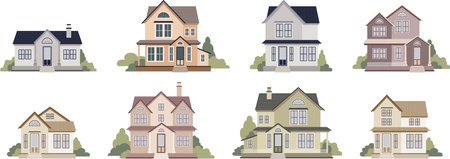 Set of houses on isolated white background for use in media or community maps. Homes and houses exteriors. Hand drawn flat vector illustrationのイラスト素材