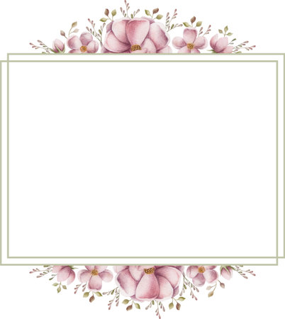 Rectangle watercolor frame of pink flowers. Hand-painted horizontal frame with peonies for instagram, postcard, business card, invitation. Hand drawn watercolor ornament.の写真素材