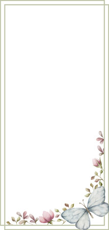 Rectangle watercolor frame with flowers and butterfly. Hand-painted vertical frame for instagram, postcard, business card, invitation. Hand drawn watercolor ornament.の写真素材