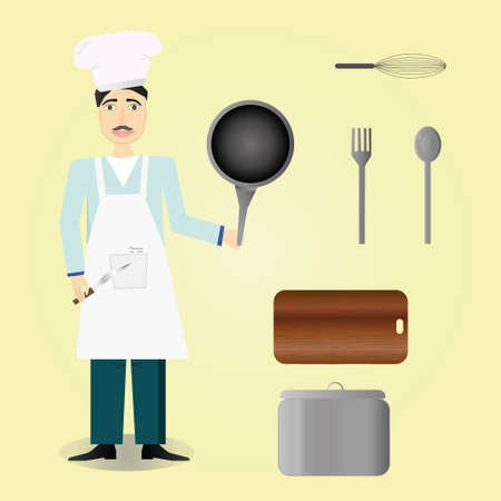 chef icon over yellow background, cooker, cook, kitchen toolsのイラスト素材