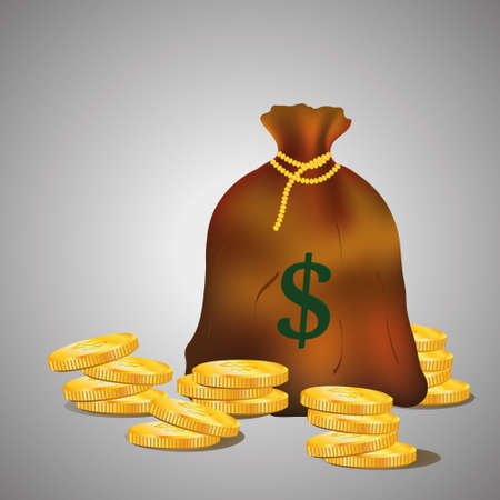 Bag with golden coins. Brown sack on light grey backgroundのイラスト素材