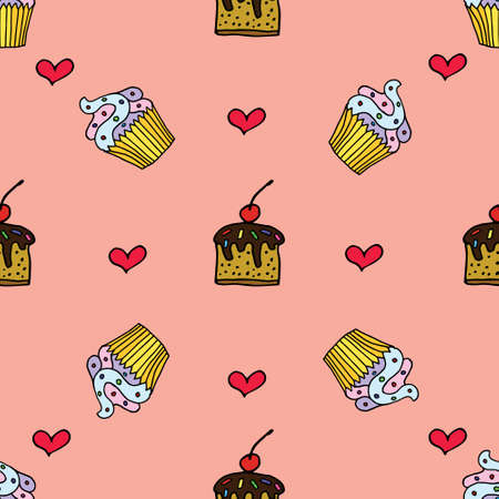 Seamless pattern with hand drawn cupcakes and hearts.のイラスト素材