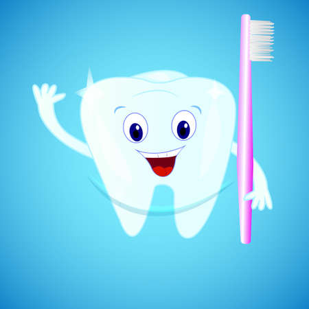 Smiling tooth with a toothbrush on blue background. Cartoon personageのイラスト素材