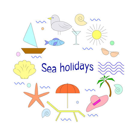 Unique vector concept f sea holidays with different summer and sea vacation elements. Illustration for t-shirts, banners,flayers and other types of business designのイラスト素材