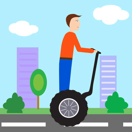 Young man riding segway gyropode electric two wheels vehicle on a city tour - vector illustration, minimalistic.のイラスト素材