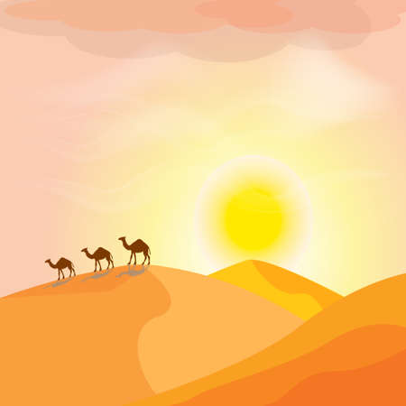 Camel caravan going through the sand dunes in the desert.のイラスト素材