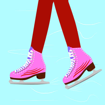 Ice skating woman on the rink. Close up illustration of the girl legs wearing skates. vector illustration.のイラスト素材