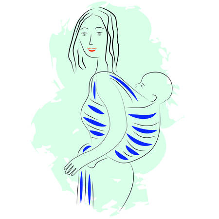 A young woman with child back in a baby sling. Vector illustration in cartoon style on yellow backgroundのイラスト素材
