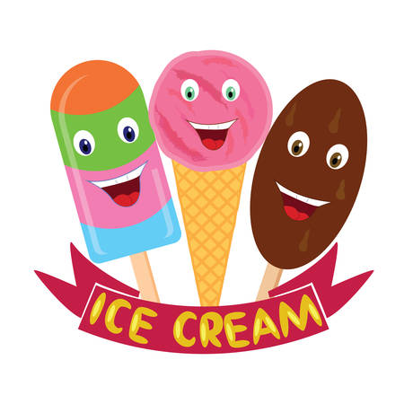 Ice cream emblem. Card design with ice cream with funny faces.のイラスト素材