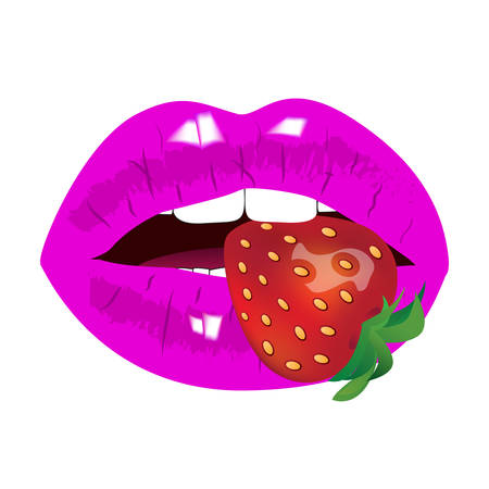 Woman pink lips with strawberry. Vector illustration.のイラスト素材