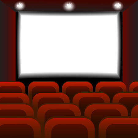 Interior of a cinema movie theater. Empty Cinema auditorium with white screen. Vector illustrationのイラスト素材